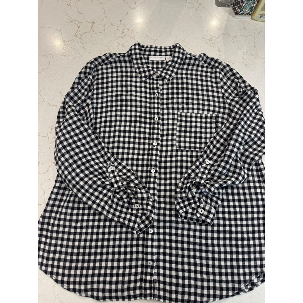 Susan Graver Pure Women Black White Gingham Linen Blend Button Down Blouse L